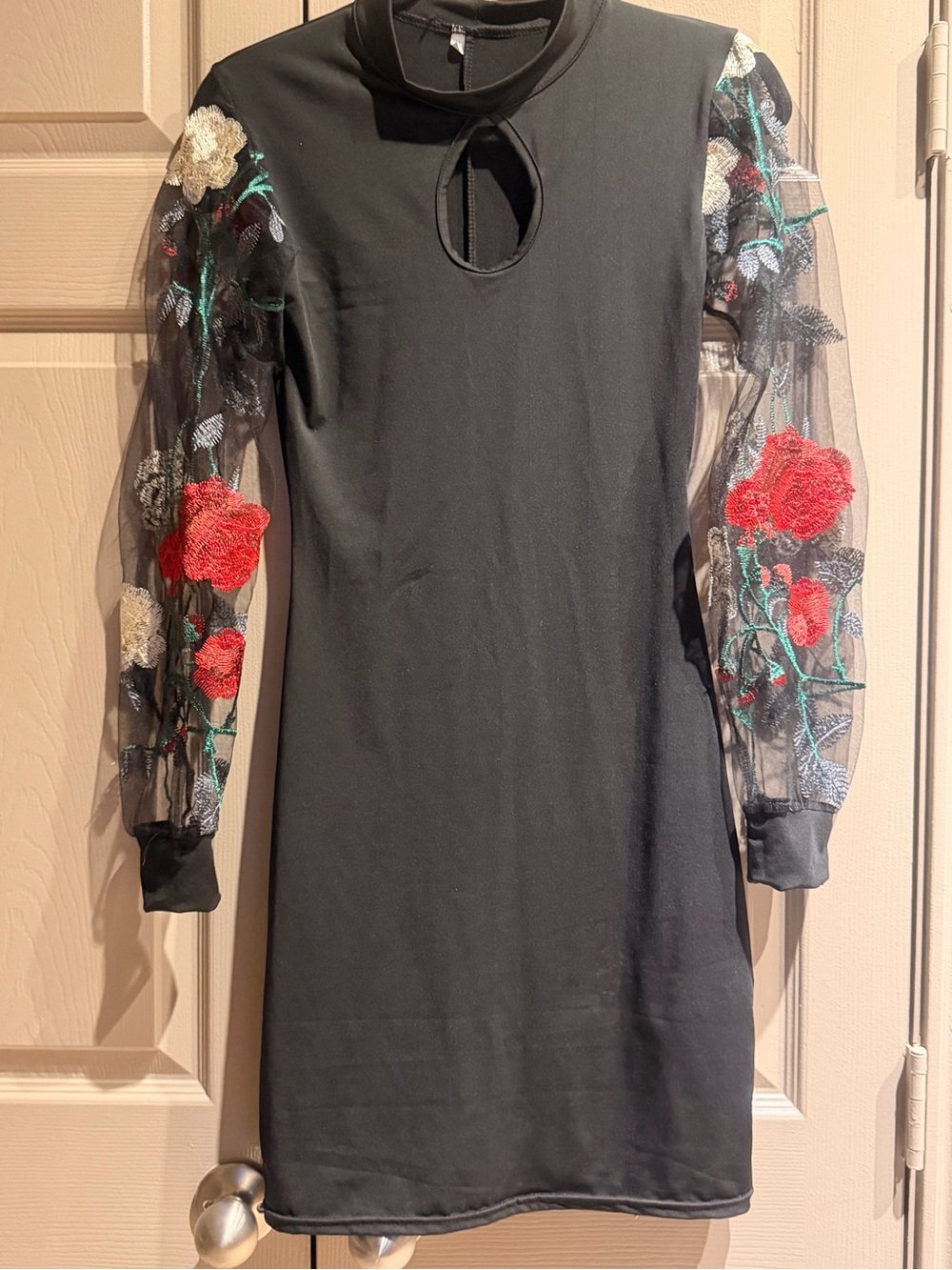 Black Sheer Sleeve Floral Embroidered Mini Dress